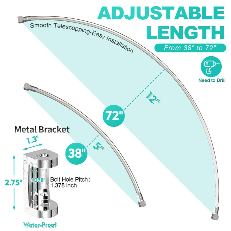 PrettyHome Curved Shower Curtain Rod For Bathroom 38-72 Inches, Adjustable Length, Curved Shower Rod, Metal Rods&Brackets, Round Shower Curtain Rods, Rotate Bracket For Large Shower Space, Need Drilling, Nickle - Image 3
